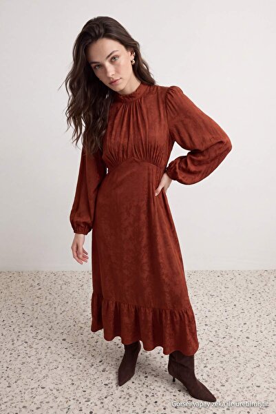 Trendyol Modest Brown Unlined Floral Woven Dress & Jumpsuit Hijab Dress Tctss...