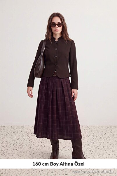 Trendyol Collection Petite Burgundy Plaid Belted Midi Skirt Twoaw27Et00092