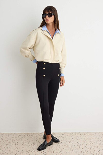 Trendyol Collection Black Button Detailed High Waist Cotton Tuck Fabric Knitt...