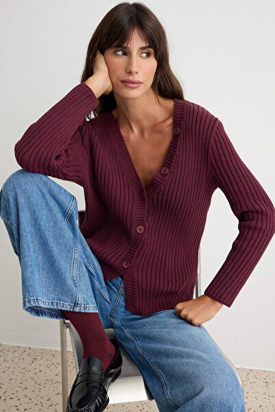 Trendyol Collection More Sustainable Burgundy Button Detailed Knitwear Cardig...