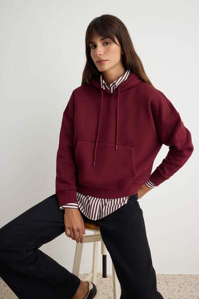 Trendyol Collection Burgundy Thick Fleece Lined Hooded Drawstring Oversize Kn...