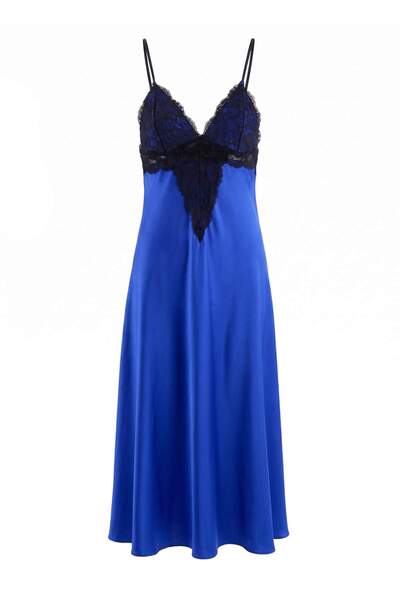 Trendyol Collection Cobalt Blue 100% Polyester Plain Satin Woven Nightgown Th...