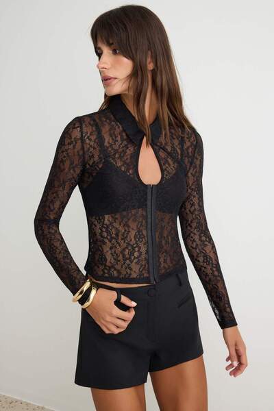 Trendyol Collection Black Shirt Collar Unlined Lace Blouse Tpraw27Bz00055