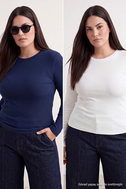 Trendyol Curve Navy Blue-Ecru 2 Pack Crop Camisole Knitted Plus Size Blouse T...