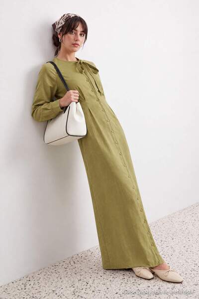 Trendyol Modest More Sustainable Khaki Tie-Dye Detailed Long Sleeve Maxi Wove...