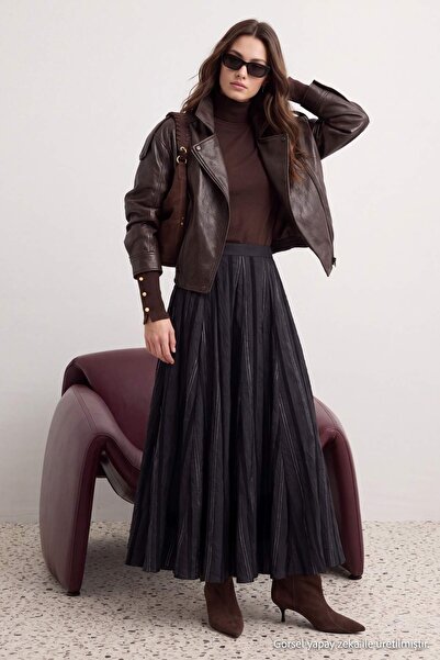 Trendyol Modest Dark Anthracite Glittery Flounce Maxi Long Skirt Tctss26Ee00040