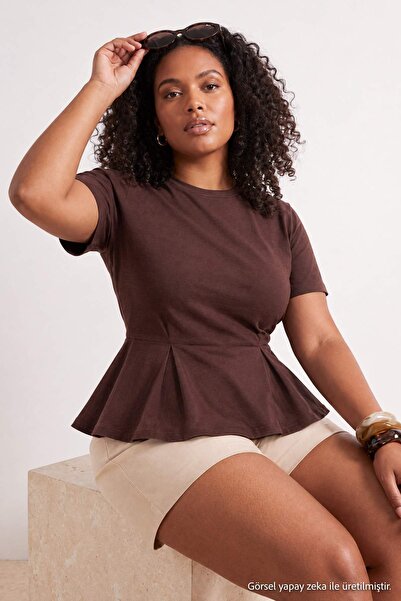 Trendyol Curve Brown Peplum Short Sleeve 100% Cotton Knitted Blouse Tbbss26Af...