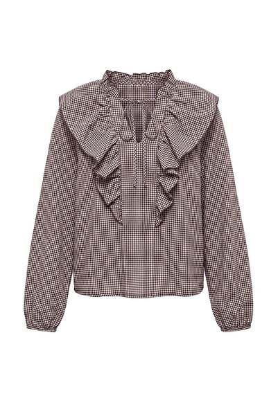Trendyol Curve Brown Stand-Up Collar Plaid/Check Balloon Sleeve Plus Size Wov...