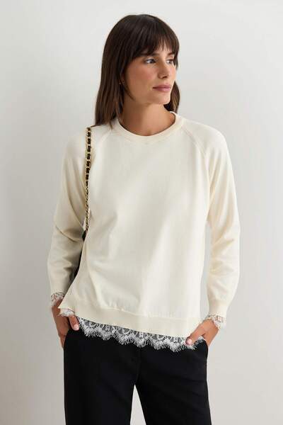 Trendyol Collection Ecru More Sustainable Thin Lace Detailed Knitwear Sweater...