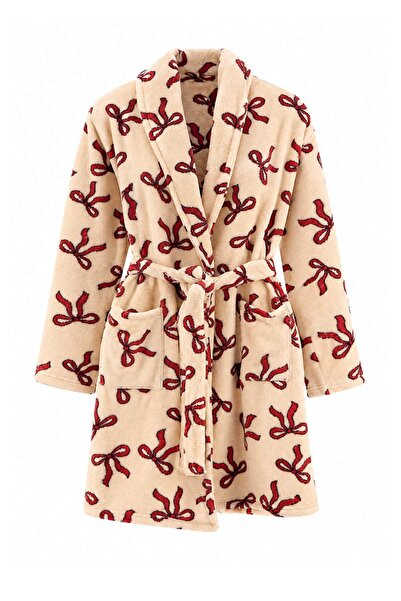 Trendyol Collection Ecru-Burgundy Ribbon Wellsoft Knitted Dressing Gown Thmaw...