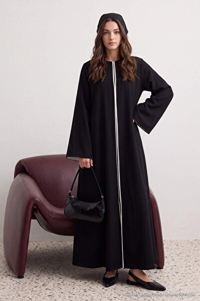 Trendyol Modest Black Linen Embroidered Stripe Relaxed/Casual Fit Cap & Robe ...