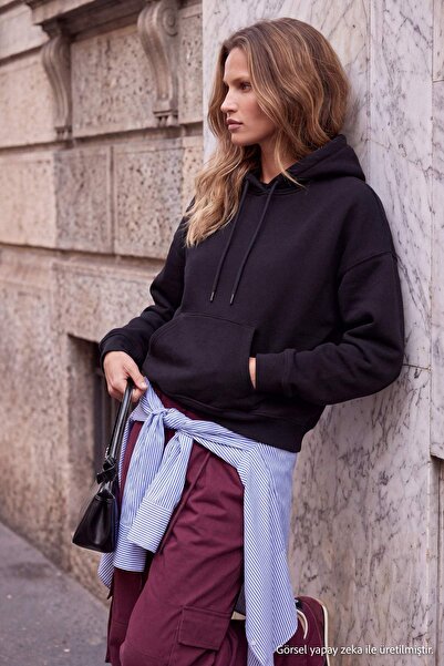 Trendyol Collection Wardrobe Essentials Black Thick Fleece Lined Hooded Overs...