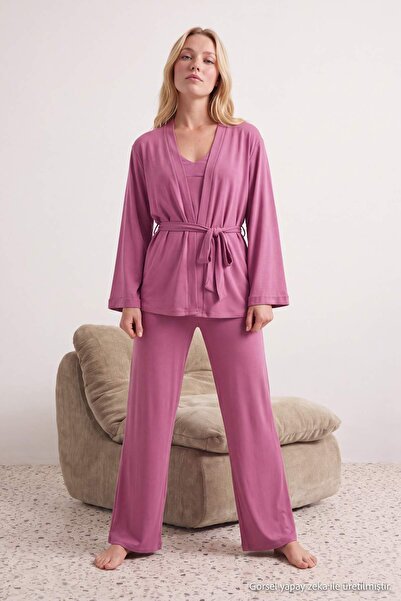 Trendyol Collection Dusty Rose 3-Piece Knitted Undershirt-Pants-Dressing Gown...