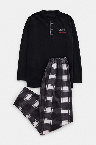 Trendyol Collection Black Plaid Polar Soft Textured Knitted Pajamas Set Tmnaw...