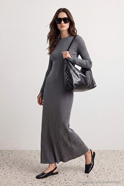 Trendyol Modest Anthracite Unlined Plain Knitwear Basic Ribbed Single Layer H...