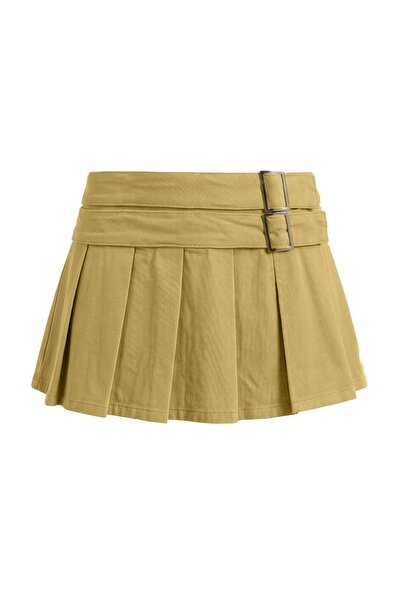 Trendyol Collection Camel Belt Detailed Pleated Denim Shorts Skirt Twoaw27Sr0...