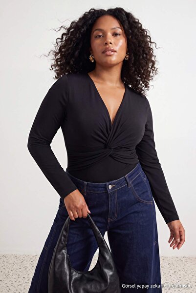 Trendyol Curve Black Deep V-Neck Gathered Sandy Knitted Plus Size Blouse Tbba...