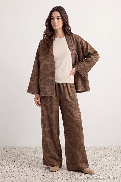 Trendyol Modest Mink Oversize Jacquard Self-Patterned Bottom - Top Set Tctaw2...
