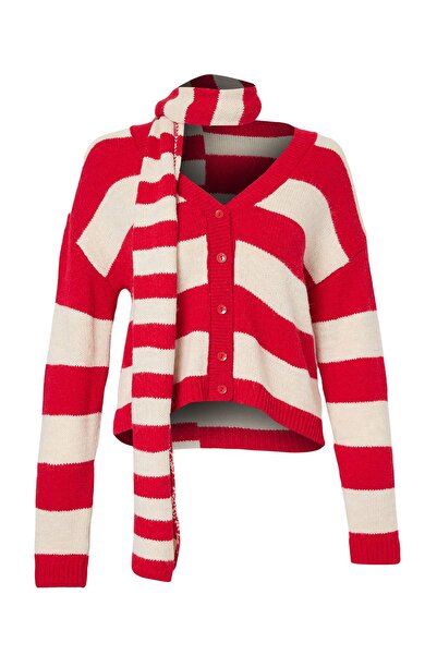 Trendyol Collection Red Shawl Detailed Soft Textured Oversize V-Neck Knitwear...
