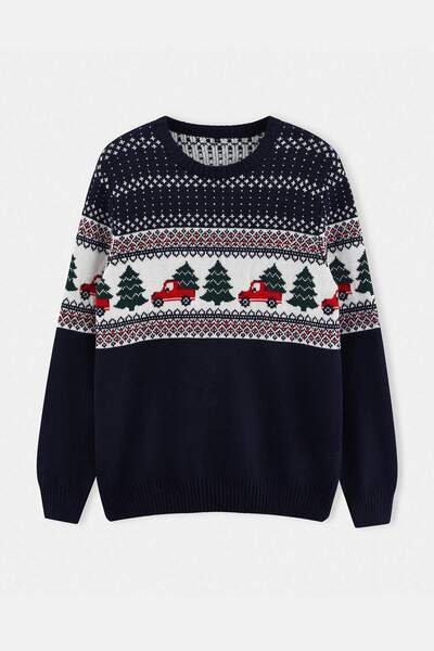 Trendyol Collection Navy Blue Regular Fit Christmas Themed Crew Neck Thick Kn...