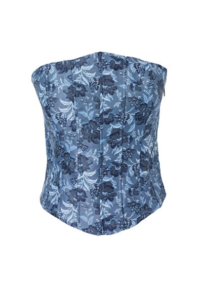 Trendyol Collection Blue Floral Jacquard Strapless Bustier Tpraw27Bs00013