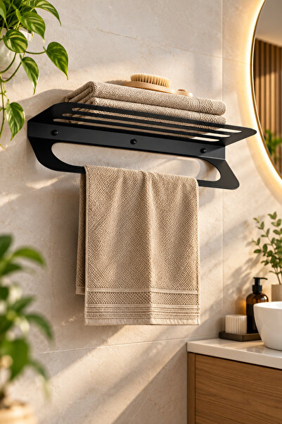 VENON 50 Cm Siyah Metal Havlu Askısı Metal Raflı Havluluk Banyo Düzenleme