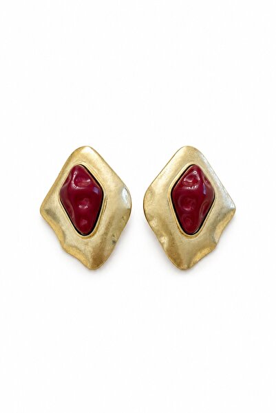 Genel Markalar Reverie Atelier Bordo Taş Detaylı Gold Geometrik Küpe | Vintag...
