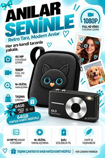 Dijital Fotoğraf Makinesi 44MP | 1080P Full HD Video | 16X Dijital Zoom | 64GB Hafıza Kartı ve Taşıma Çantası Hediyeli - Siyah