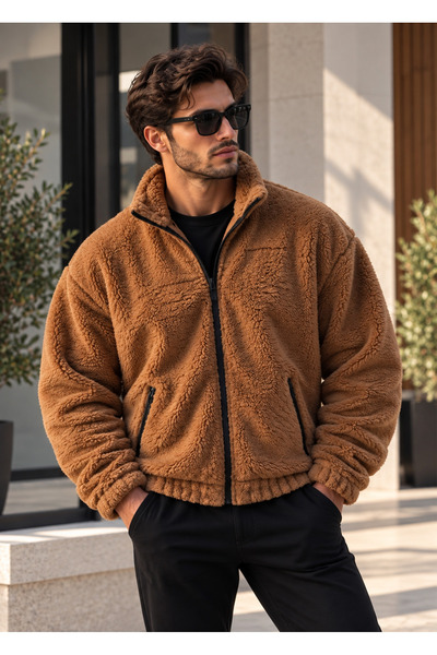 Shine Stone Camel Tarçın Renk Peluş Dik Yaka Ceket