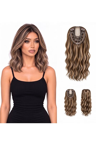 Lulu Bella Kadın Kumral Balyajlı 35 cm Tül Tepelik Dalgalı Çıtçıtlı - 1. Kali...