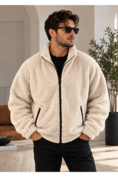 Shine Stone Beyaz Renk Peluş Dik Yaka Oversize Ceket