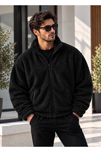 Shine Stone Siyah Renk Peluş Dik Yaka Oversize Ceket