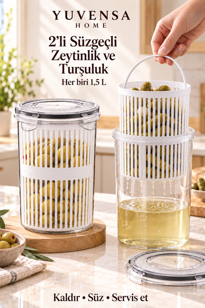 Yuvensa Home 2'li 1,5 L Süzgeçli Zeytinlik ve Turşuluk Saklama Kabı Kapaklı S...