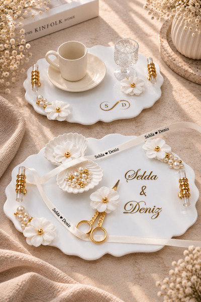 Masalsı Concept İnci Süslemeli pleksi Söz Nişan Tepsi Seti, İncili Damat Kahv...