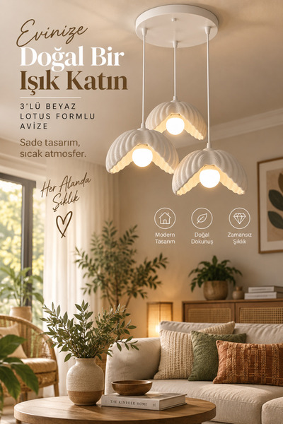Madam Mumu Beyaz 3 Lü Lotus Formlu Avize PLA Dayanıklı Dekoratif Sarkıt Aydın...