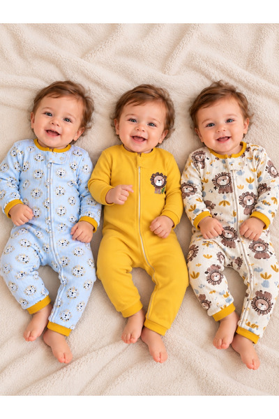 PonçiKids Premium Bebek Fermuarlı 3’lü Tulum Seti – Yumuşak Kumaş, Konforlu v...