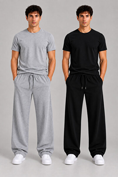 JARVİN 2^Li Men's Oversize Sweatpants (Grey-Black) Comfortable Fit for Casual...