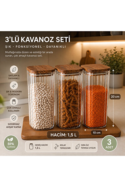 CİHO 3 Adet Cam 1500 ml ( 1,5 litre ) Akasya Vakumlu Kapak Erzak Kavanozu Sak...