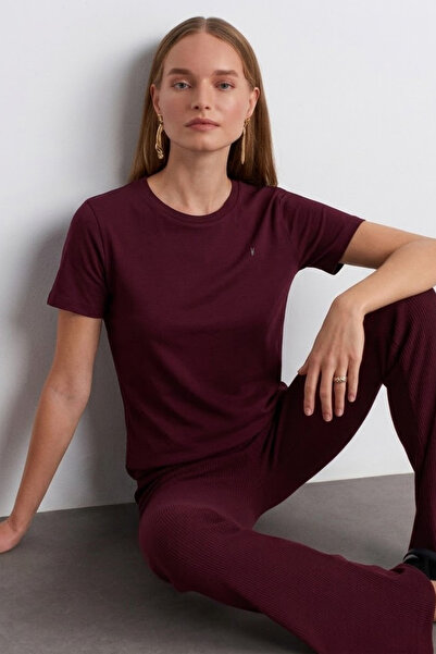 COMBİNE MİCHAİL Women's Comfort Fit Basic Burgundy Loose T-Shirt