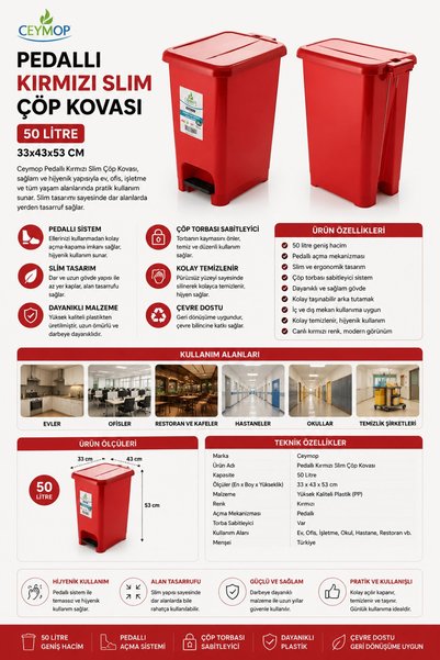 CEYMOP PROFESSIONAL Slım Pedallı Çöp Kovası 50 Lt Kırmızı