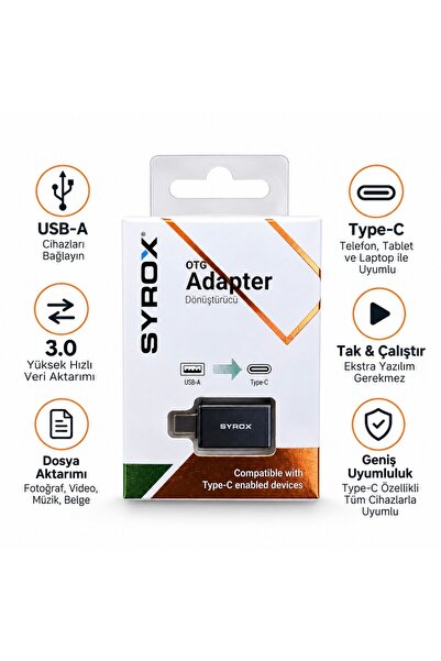 Syrox Type-C USB OTG Adaptör Dönüştürücü – USB-A to Type-C Şarj ve Veri Aktar...