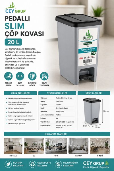 CEYMOP PROFESSIONAL Slım Pedallı Çöp Kovası 20 Lt Gri