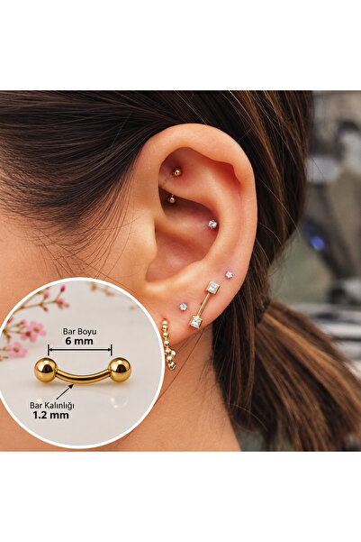 Heppii 6 mm Cerrahi Çelik Gold Renkli İki Ucu Top Piercing Tragus Helix Conch...