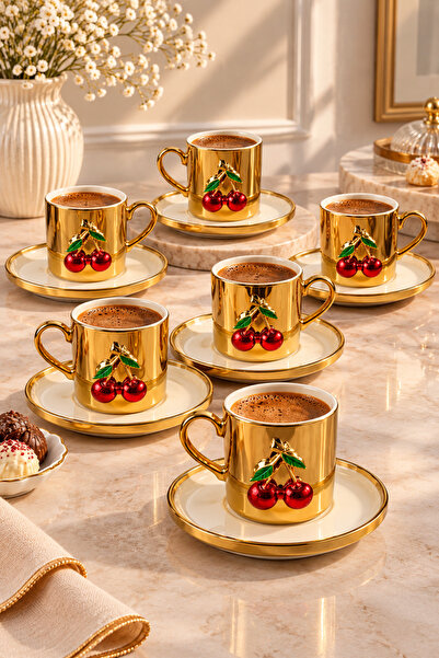 YzHome 6-Person Porcelain Gold Platinum Plated Cherry Coffee Cup Set 100 ml