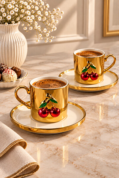YzHome 2-Person Porcelain Gold Platinum Plated Cherry Coffee Cup Set 100ml