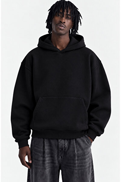 Oversize Basic Hoodie Kapüşonlu Sweatshirt Erkek Unisex - Siyah