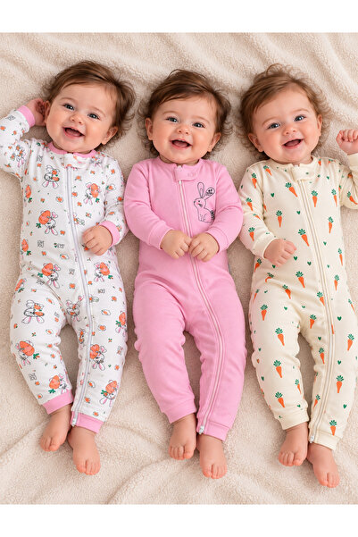 PonçiKids Premium Bebek Fermuarlı 3’lü Tulum Seti – Yumuşak Kumaş, Konforlu v...