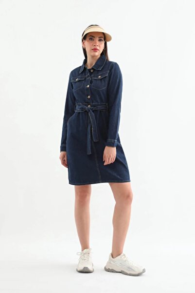 BANNY JEANS Kadın Kuşaklı Uzun Kollu Elbise