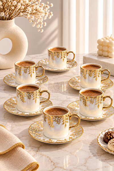 YzHome Acar 6-Person Luxury Gold Gilded Porcelain Patterned Coffee Cup Set 100ml