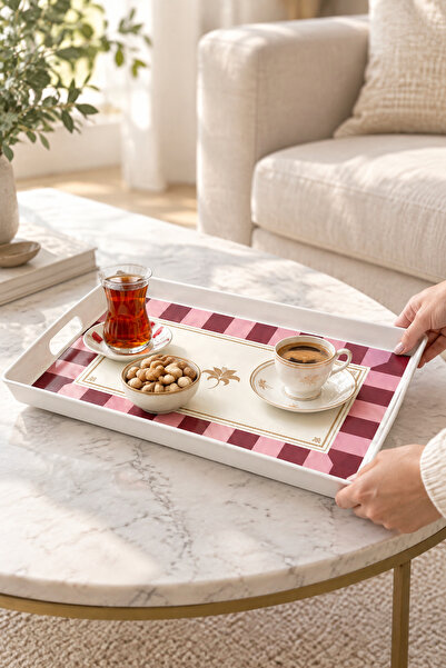 MAKRİ HOME Çizgili Desenli Servis Tepsisi 38x28x3,5 cm, Bordo